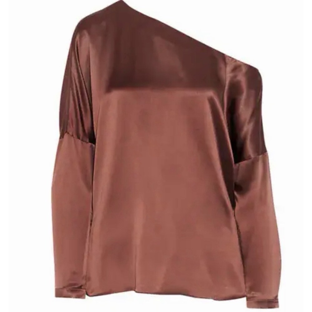 Tibi Brown Solid Boat Neck Long Sleeve Off the Shoulder